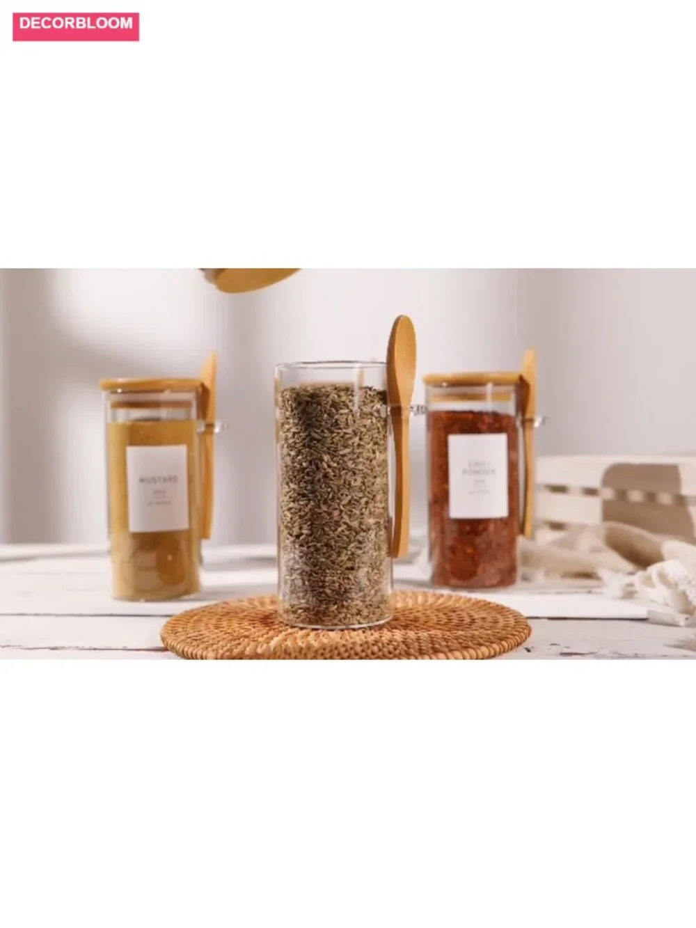 8 Glass Jars with Bamboo Lids & Spoons - 10 oz Spice Jars with Labels for